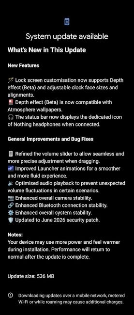 Screenshot of Nothing Phone (3) Nothing OS B4.1-260603-1221 update changelog Screenshot of Nothing Phone (3) Nothing OS B4.1-260603-1221 update changelog