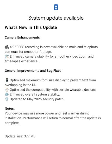 Nothing Phone (4a) Pro May 2026 security patch and update screenshot