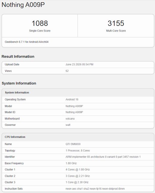 Nothing Phone 4b Geekbench listing screenshot