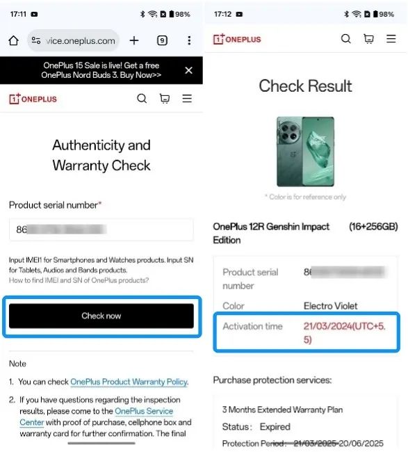 screenshot from oneplus phone showing warranty information