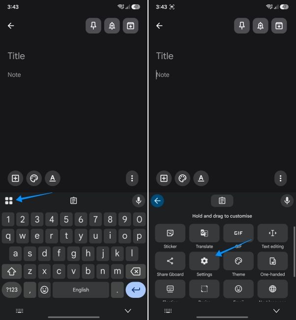 screenshot from an android phone showing how to access gboard settings
