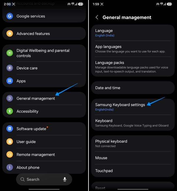 screenshot from one ui showing how to open samsung keyboard settings