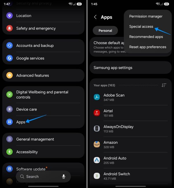 screenshot from samsung phone showing how to open special access settings page