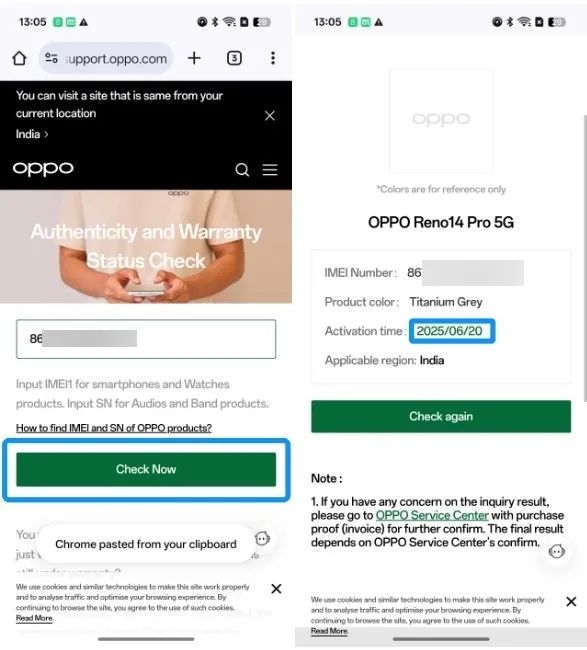 screenshot from oppo phone showing warranty information