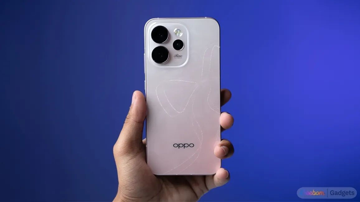 oppo phone in user's hand, blue background oppo phone in user's hand, blue background