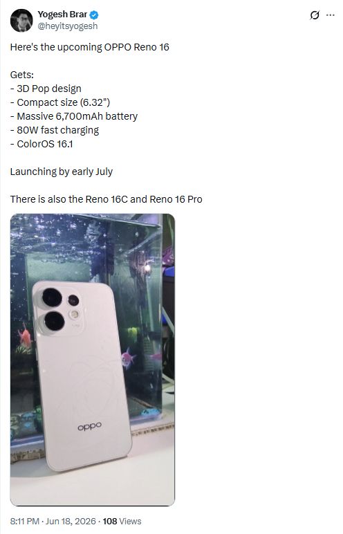 Screenshot of X post leaking the Oppo Reno 16 design in the wo