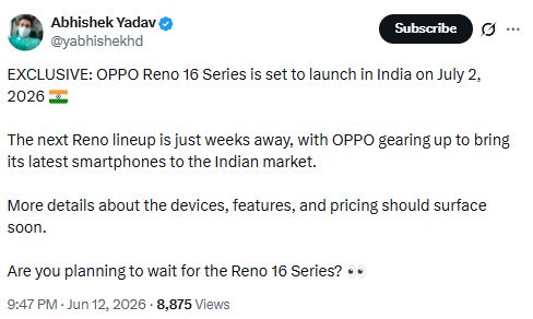 Oppo Reno 16 launch date in India X screenshot