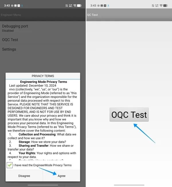screenshot from vivo phone showing oqc test mode screenshot from vivo phone showing oqc test mode