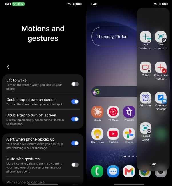 screenshot from samsung phone showing how to enable edge panel and other gestures