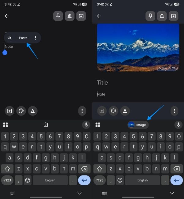 screenshot from an android phone showing how to paste an image in apps