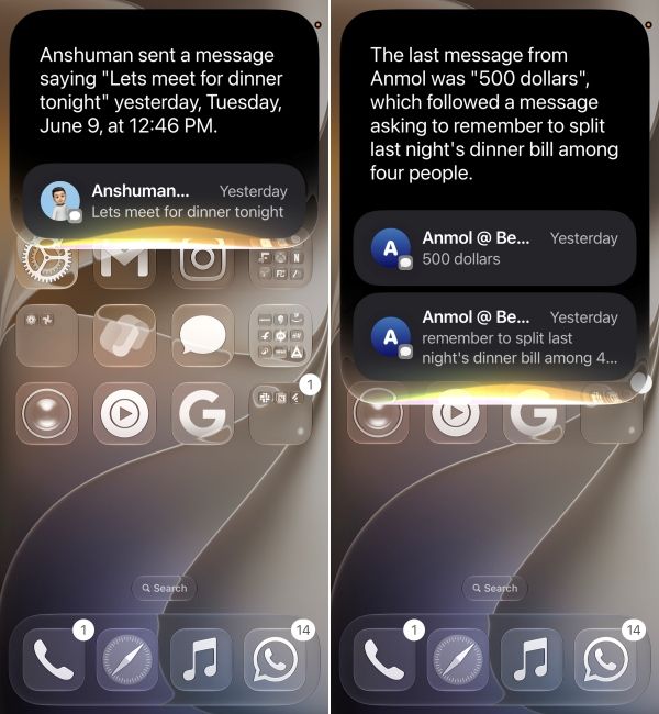 screenshot from iphone running ios 27 developer beta showing siri ai personal context demo