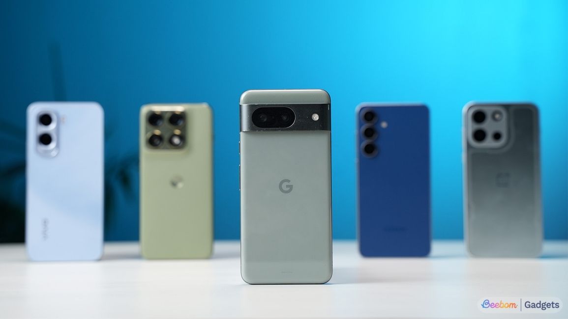 shot of the Google Pixel 8 standing in front of recently launched 2026 smartphones