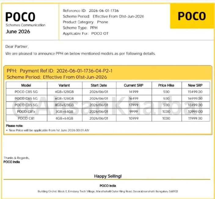 Internal document listing Poco smartphone price hikes for June 1, 2026