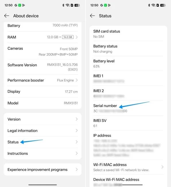 screenshot from a realme phone showing serial number via settings screenshot from a realme phone showing serial number via settings