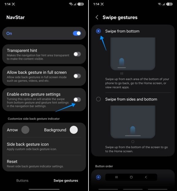 screenshot from samsung phone showing how to restore swipe from bottom gesture