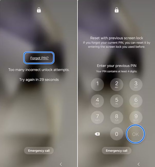 screenshot from a samsung phone showing how to reset password
