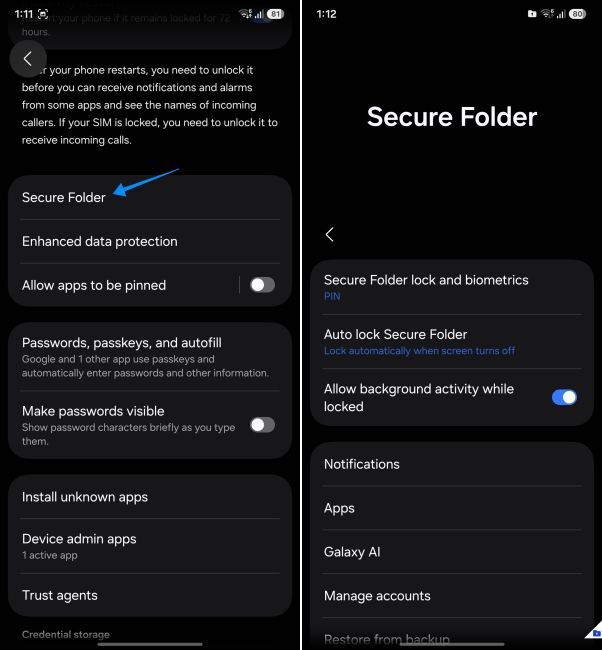 screenshot from a samsung phone showing how to open secure folder settings
