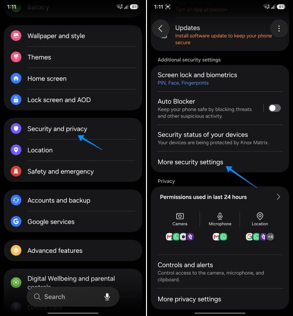 screenshot from a samsung phone showing how to open security settings