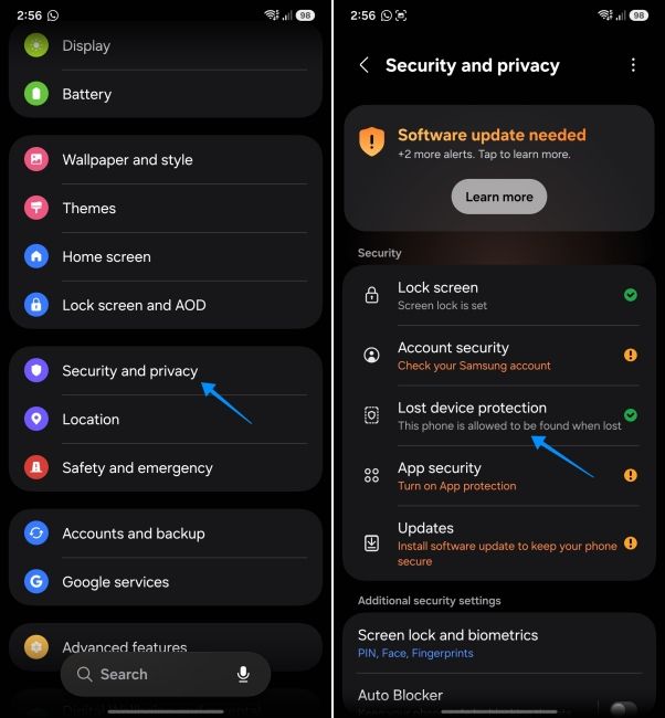 screenshot from samsung phone showing how to open lost device protection setting screenshot from samsung phone showing how to open lost device protection setting