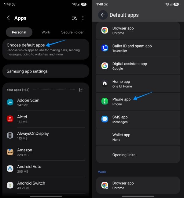 screenshot from samsung phone showing how to set the phone app as the default calling app