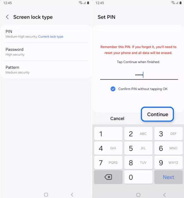 screenshot from a samsung phone showing how to set a new password
