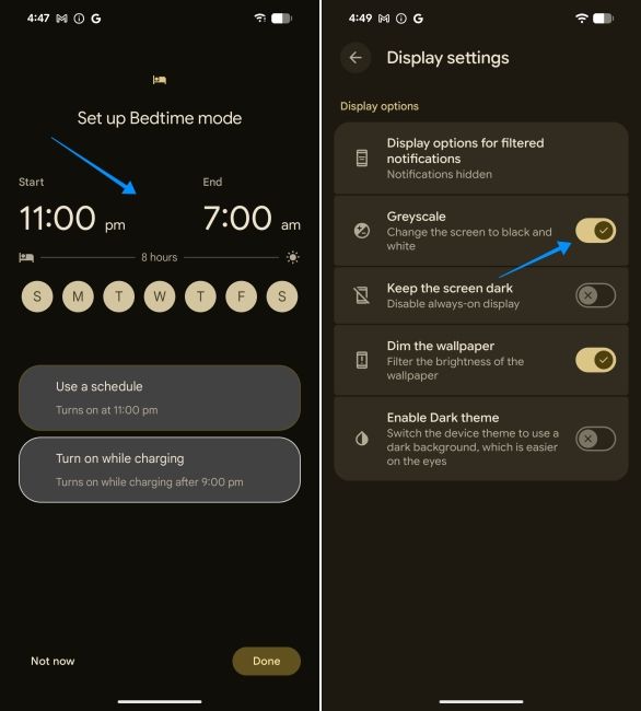 screenshot from pixel showing how to set up bedtime mode in android