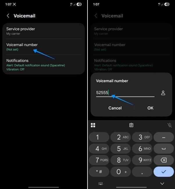 screenshot from an android phone showing how to set voicemail number