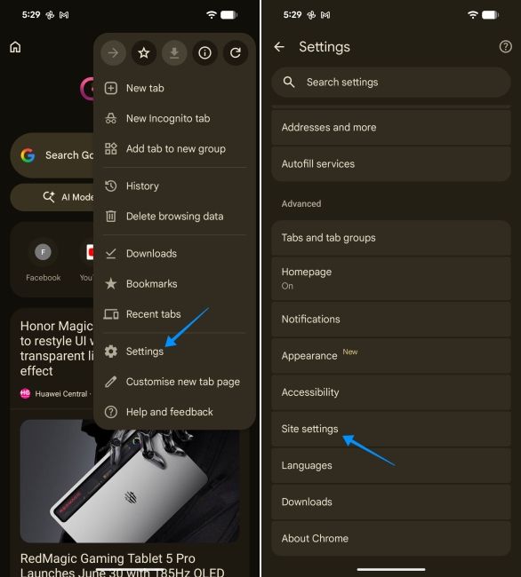 screenshot from a pixel showing how to open site settings on chrome android screenshot from a pixel showing how to open site settings on chrome android