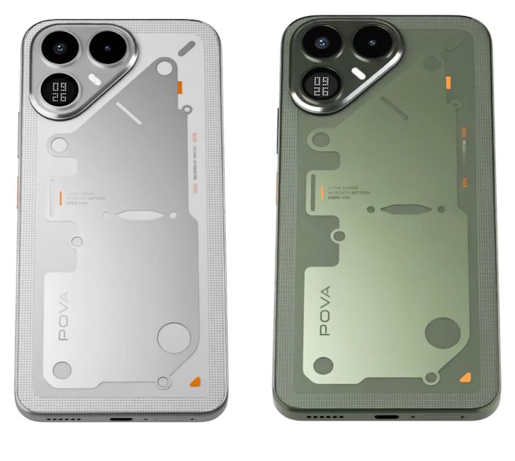 Tecno Pova 8 silver and green colourways back design showcased