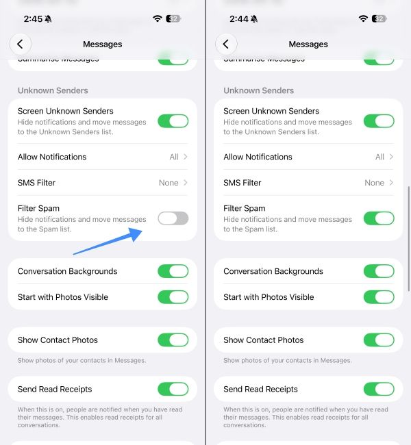 toggle on Filter Spam option in Message settings on iPhone