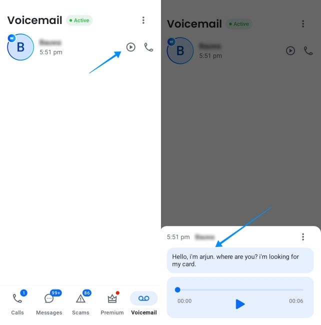 screenshot from an android phone showing how to access voicemail in truecaller