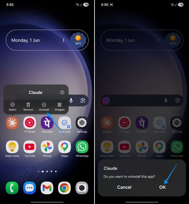 screenshot from a samsung phone showing how to uninstall android app from homescreen