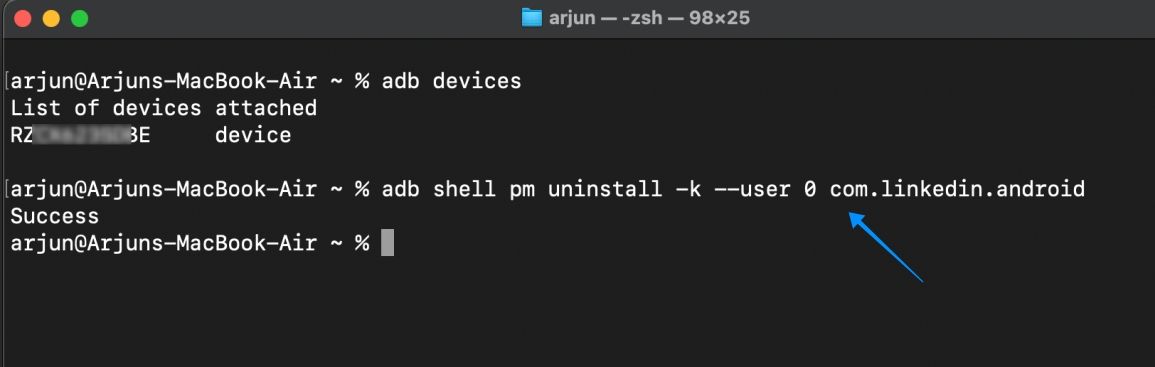 uninstalling android app using adb on mac