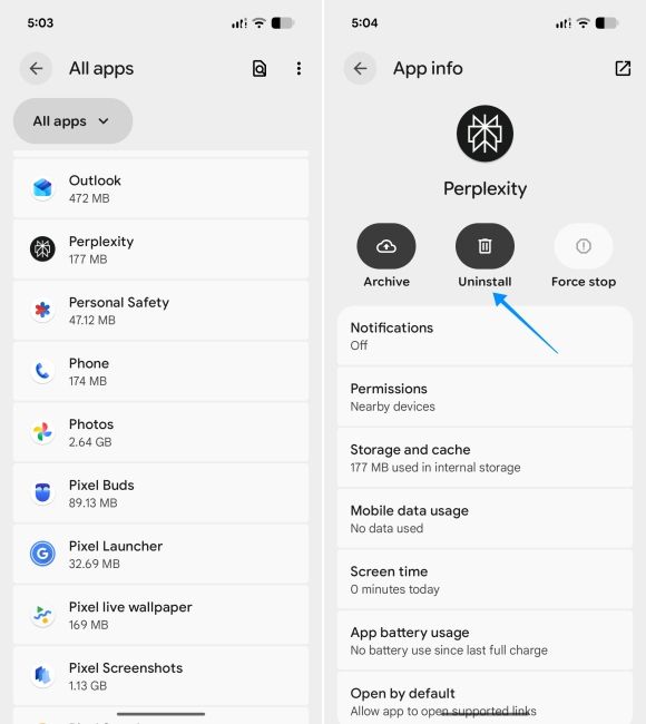 screenshot from pixel showing how to uninstall android apps from settings
