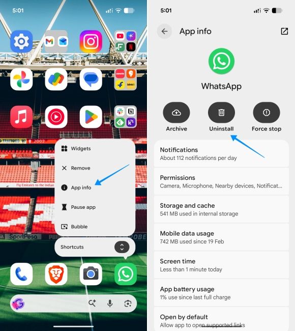 screenshot from pixel showing how to uninstall android apps from app info page