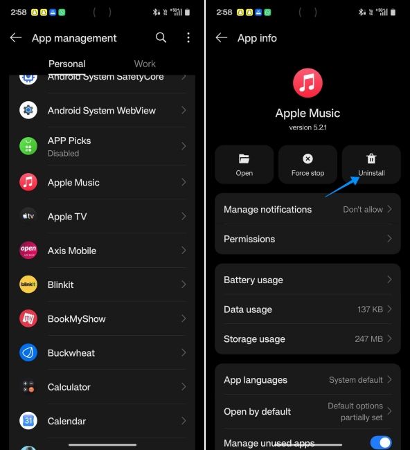 screenshot from a oneplus phone showing how to uninstall android app from settings