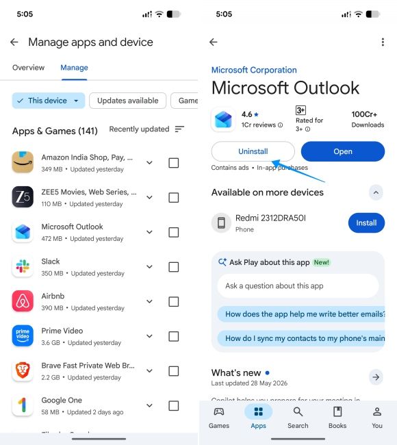 screenshot from pixel showing how to uninstall android apps from google play store