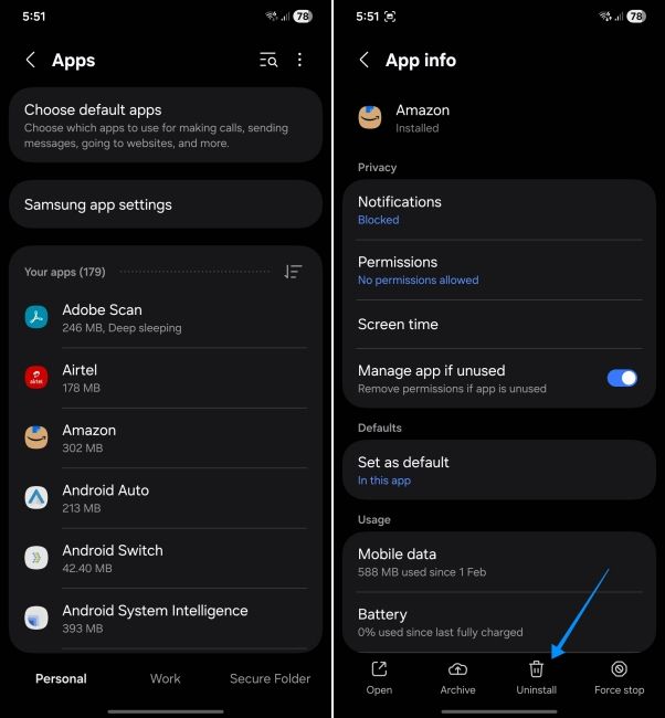 screenshot from a samsung phone showing how to uninstall android app from settings