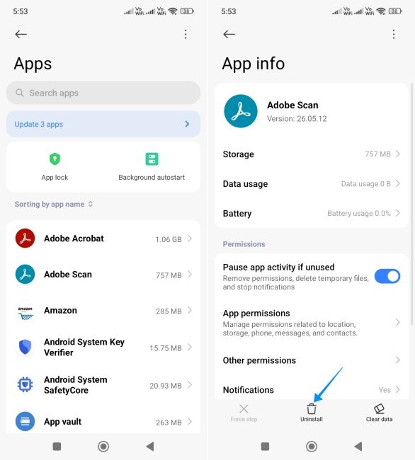 screenshot from a xiaomi  phone showing how to uninstall android app from settings