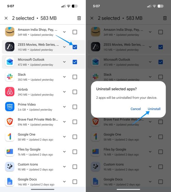 screenshot from pixel showing how to bulk uninstall android apps from play store