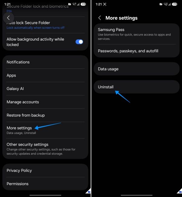 screenshot from a samsung phone showing how to uninstall secure folder