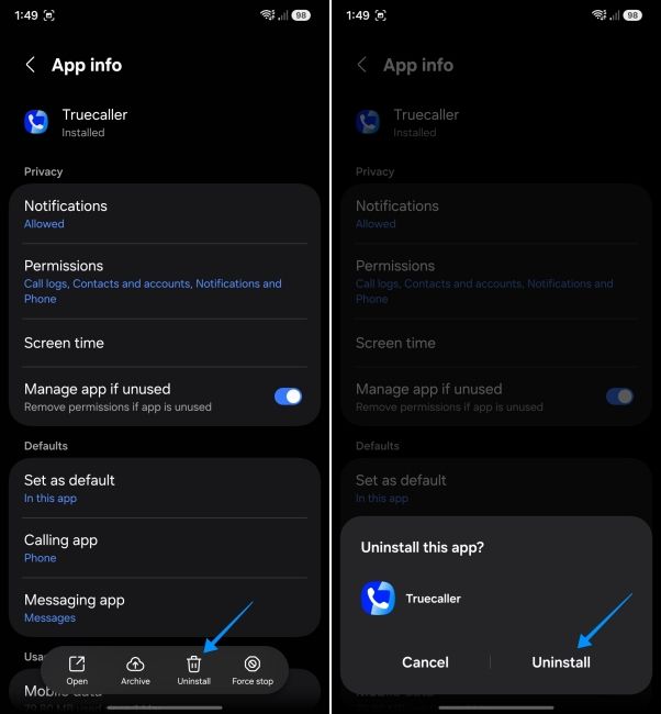 screenshot from samsung phone showing how to uninstall truecaller