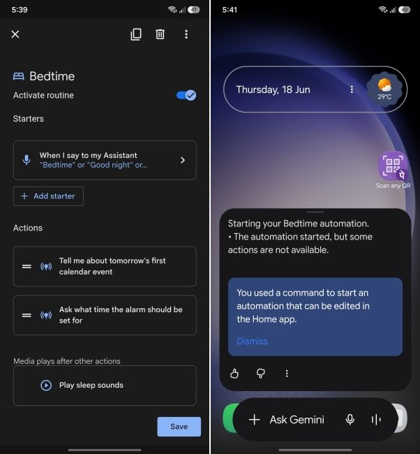 screenshot from pixel showing how to trigger bedtime mode using gemini