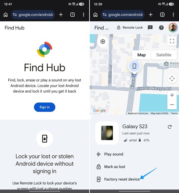 screenshot from an android phone showing how to factory reset device using google find hub
