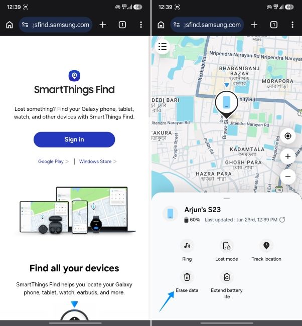 screenshot from an android phone showing how to erase data using samsung smartthings find