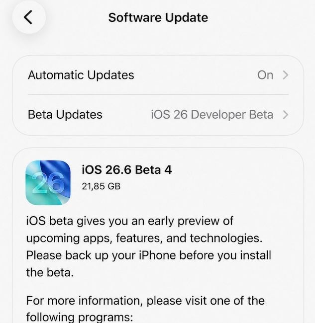 iOS 26.6 Developer Beta 4 update page iOS 26.6 Developer Beta 4 update page