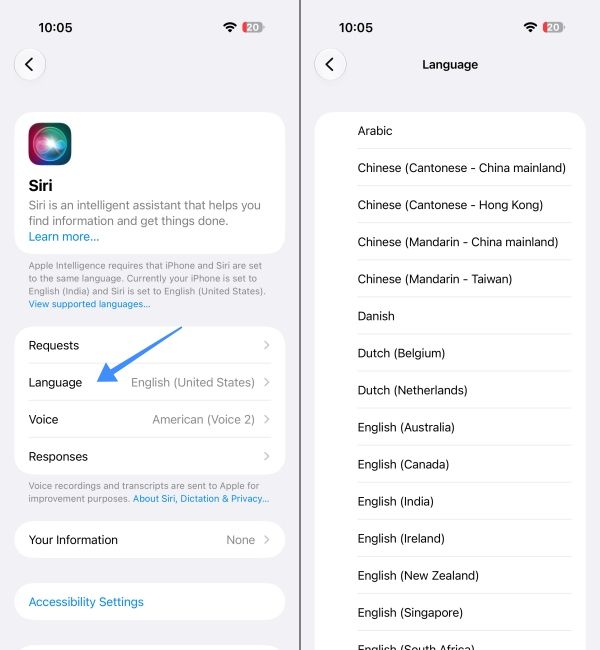 Change Siri Language on iPhone 