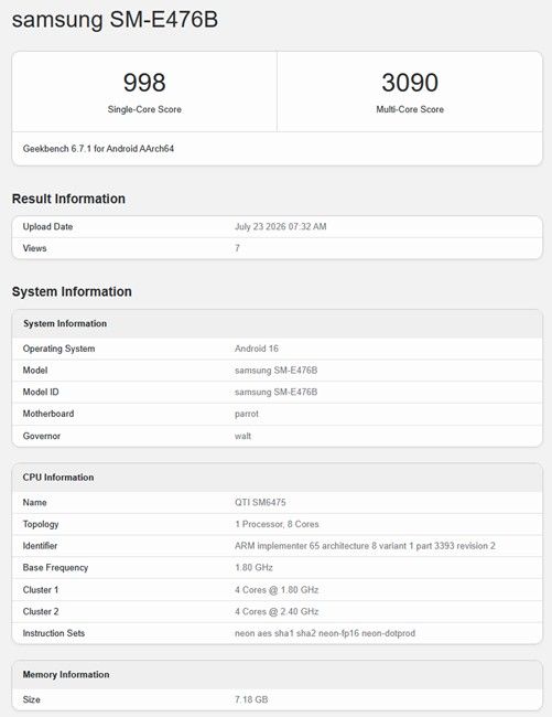 Samsung Galaxy F70 Pro Geekbench result Samsung Galaxy F70 Pro Geekbench result