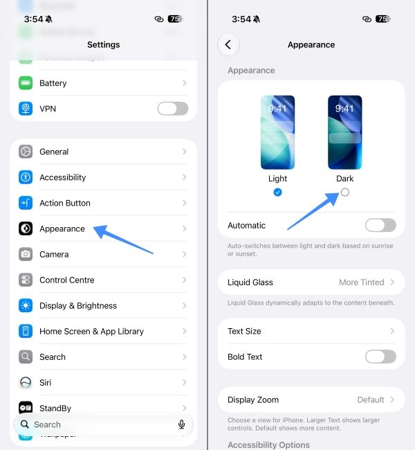 Go to Appearance and select the Dark option Go to Appearance and select the Dark option