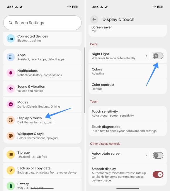 Go to Display settings on a Pixel Phone and turn off night light Go to Display settings on a Pixel Phone and turn off night light